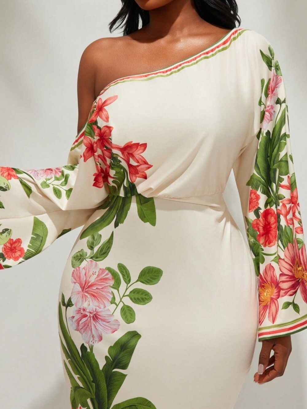 Multicolor Elegant Women's Plus Size One Sleeve Dress - Picture 5 of 7
